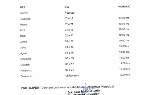 Imagem - Agenda das Sessões Ordinárias 2023